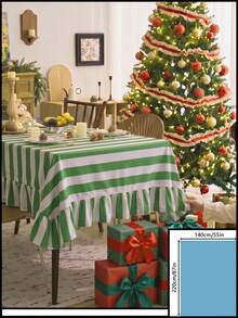 1pc Green And White Classic Wide Striped Tablecloth, Traditional Country Style, Rectangular With Scalloped Edge And Pleated Details, Stain-Resistant Protective Table Cover, Suitable For Christmas, Family Gatherings And Winter Holiday Dining Room Decor - Green - View 17