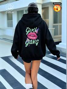 Women's Oversized Thick Hoodie With Colorful Lips & 'Gang' Print, Black Long Sleeve Pullover - Black - View 11