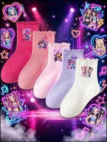 KPop Demon Hunters 1/1/5 Double K-Pop Girl Group Character Print, Ruffle Cuff, Girls' Ruffle Socks, Baby Socks, Girls Back To School, New Girls' Outfit Matching, Girls' Socks, Skin-Friendly Elastic Breathable Fabric, Ruffle Ribbed Cuff Doesn't Bind Ankles, Durable And Resistant To Deformation; Sweet Korean Style, Macaron Multi-Color Sock Body With K-POP Cartoon Girl Group Print, Children's Versatile School Socks - Multicolor - View 1