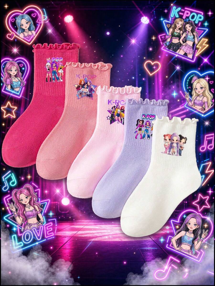 KPop Demon Hunters 1/1/5 Double K-Pop Girl Group Character Print, Ruffle Cuff, Girls' Ruffle Socks, Baby Socks, Girls Back To School, New Girls' Outfit Matching, Girls' Socks, Skin-Friendly Elastic Breathable Fabric, Ruffle Ribbed Cuff Doesn't Bind Ankles, Durable And Resistant To Deformation; Sweet Korean Style, Macaron Multi-Color Sock Body With K-POP Cartoon Girl Group Print, Children's Versatile School Socks - Multicolor - View 1