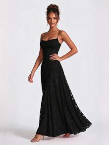 Women's Floral Embroidery Ruched Elegant Waist Formal Party Evening Gown Dress - Black - View 6