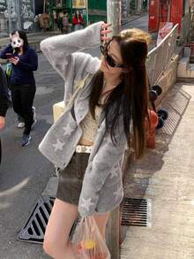 Women's Loose Star Pattern Cardigan Knit Sweater, Autumn/Winter - Grey - View 5