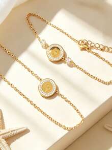 Fashion Rhinestone Stainless Steel Necklace & Bracelet 2pcs Set, Minimalist Commuter Women's Jewelry Set - Gold - View 4