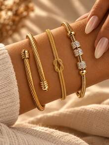VceTd 1 Set Minimalist Style Stainless Steel Jewelry Set With Wire Design Bracelet And Basic Chain Bracelet, Suitable For Vacation Wear - Yellow Gold - View 3
