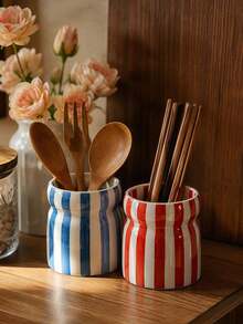 Estante de almacenamiento de vajilla con bloques de color a rayas, organizador multifuncional de utensilios de cocina, soporte de escritorio para cucharas, tenedores y palillos, cubo de almacenamiento decorativo para encimeras del hogar - Multicolor - Ver 6