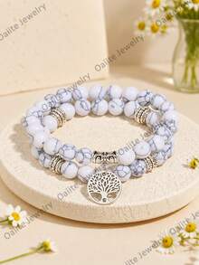 2pcs Sets White Turquoise Beaded Bracelet With Tree Of Life Pendant, Bohemia Fashion Friendship Jewelry Gifts For Men & Women Suitable For Daily Wear - White - View 2