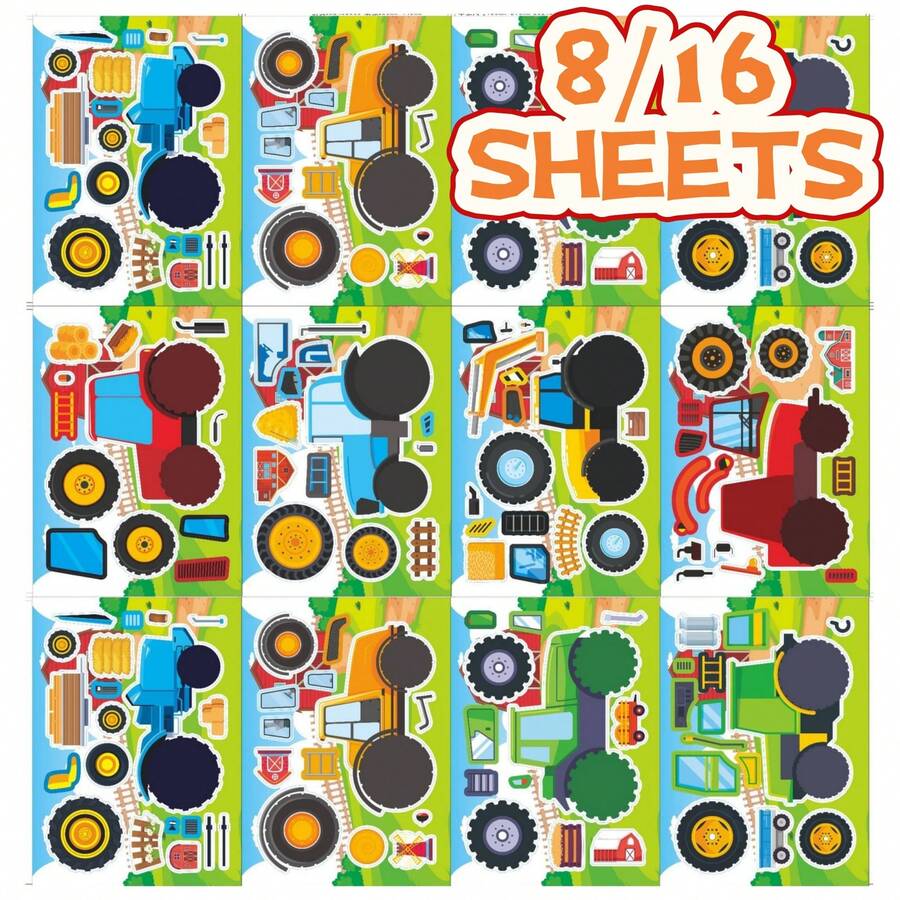 8/16pcs Farm Tractor Face Change Stickers, Christmas Gift, Parent-Child Interactive Toy, Holiday Party Gift Bag Filler Toy Stickers, Birthday Gift, Handmade Stickers - Mixed Color - View 1