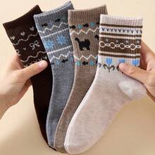 4 Pairs Women's Bow Embroidery Mid-Calf Socks, Autumn/Winter Vintage Preppy Style Floral Pattern Socks, Korean Sweet Versatile Socks - Multicolor - View 6