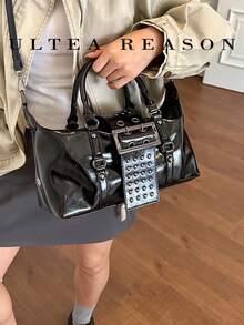 1pc Solid Color PU Leather New Women's Bag, Shoulder Bag, Crossbody Bag, Fashion Square Handbag, Rivet Decoration, Suitable For Commuting, Shopping, Dating, Work - Black - View 5