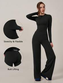 TimeOff Women's One Set Solid Color Round Neck Slim Fit Long Sleeve Top & High Waist Butt-Lifting Flared Pants - Black - View 10