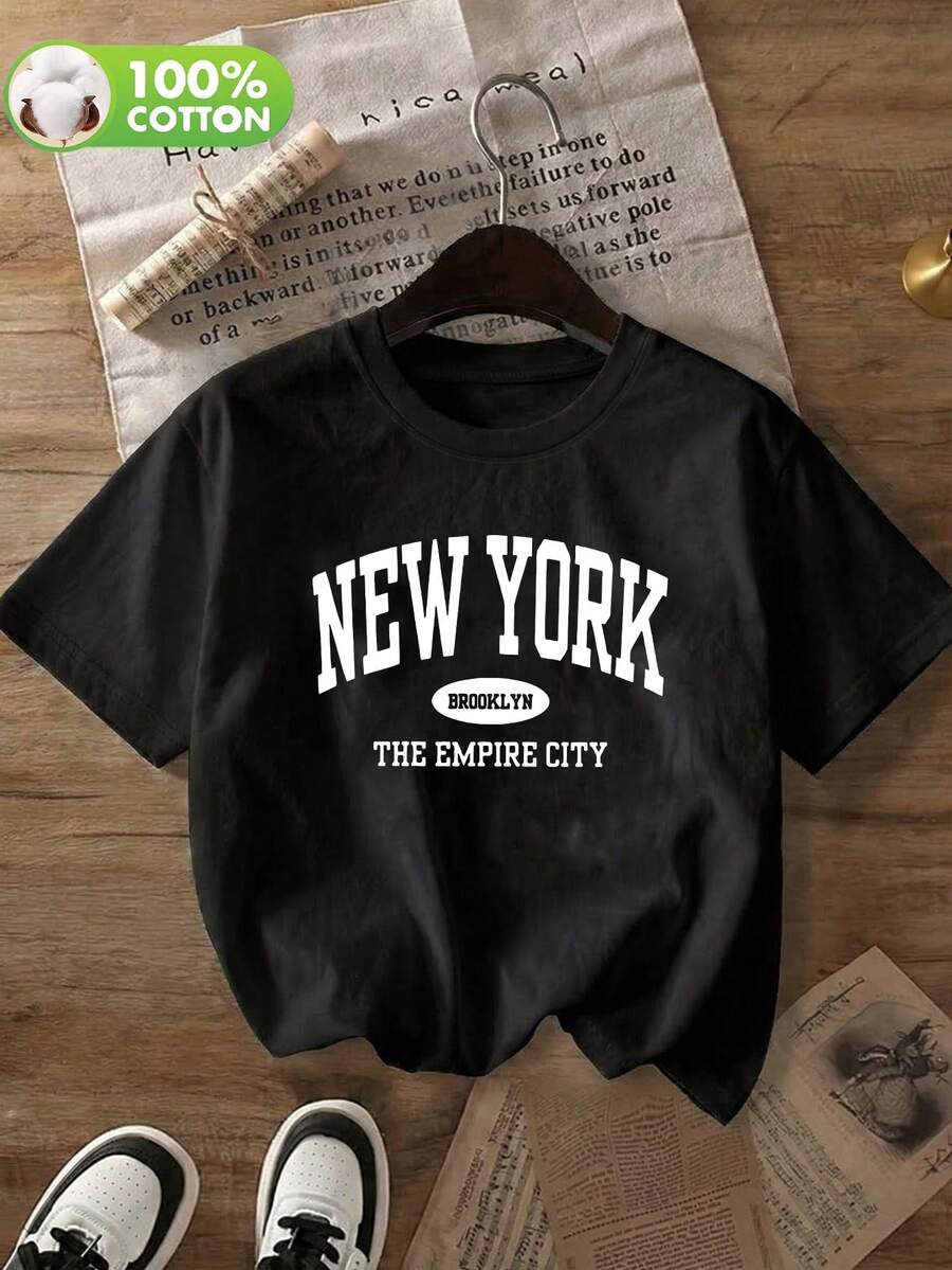 Women's New York Brooklyn College Style Letter Print Crew Neck Short Sleeve Casual T-Shirt Top, Spring Summer Autumn - Black - View 1