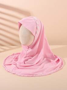 1pc Lightweight One-Piece Children's Headscarf, Decorated With Rhinestones, Pearls And Scalloped Edge, Easy To Wear Muslim Girl Hijab - 1PC - View 4