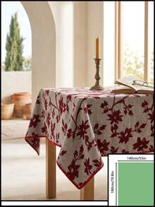 1pc Grey Background Deep Red Leaf Floral Pattern Tablecloth, Natural Vintage Style Fabric Material, Rectangular Red Polka Dot Hem Detail, Stain-Resistant Protection And Decorative Function, Suitable For Daily Home Dining Table And Natural Style Restaurant Decor - Red - View 11