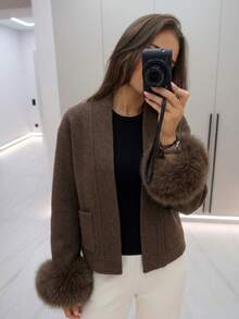 OFTBUY Women's Fashion Brown Wool Fur Shawl Collar Short Coat With Contrast Faux Fur Cuffs, Perfect For Autumn/Winter - Coffee Brown - View 4