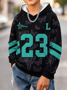1pc Tween Boys Black Butterfly #23 Sweatshirt, Mint Green Contrast Color American Basketball Style Loose Pullover Sweatshirt, Spring/Autumn - Black - View 2