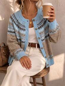 Women's Knitted Jacquard Cardigan - A Vintage Style Knitted Cardigan With Nordic Pattern, Perfect For Wearing During Winter Vacation - Mixed Color 1 - View 1