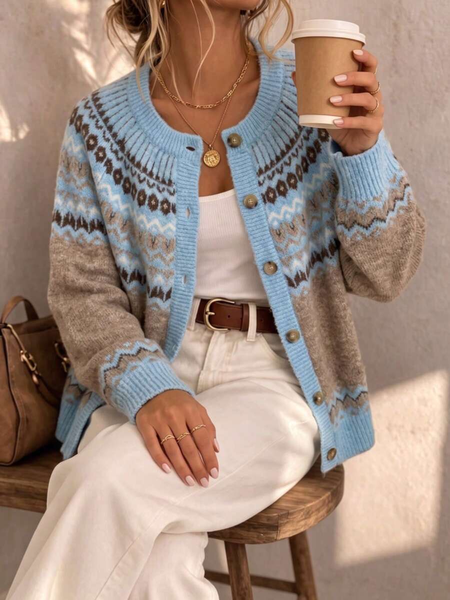 Women's Knitted Jacquard Cardigan - A Vintage Style Knitted Cardigan With Nordic Pattern, Perfect For Wearing During Winter Vacation - Mixed Color 1 - View 1
