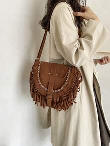 Faux Suede Tassel Bag Vintage Brown Retro Versatile Bohemian Crossbody Bag - Brown - View 6