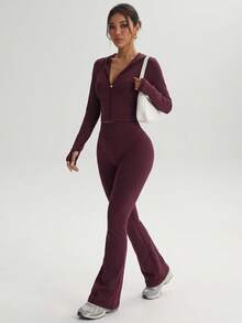 Burgundy Hooded Cropped Jacket With Thumb Holes And High-Waisted Flare Pants Set, Street Style Fitness Wear - Burgundy - View 4