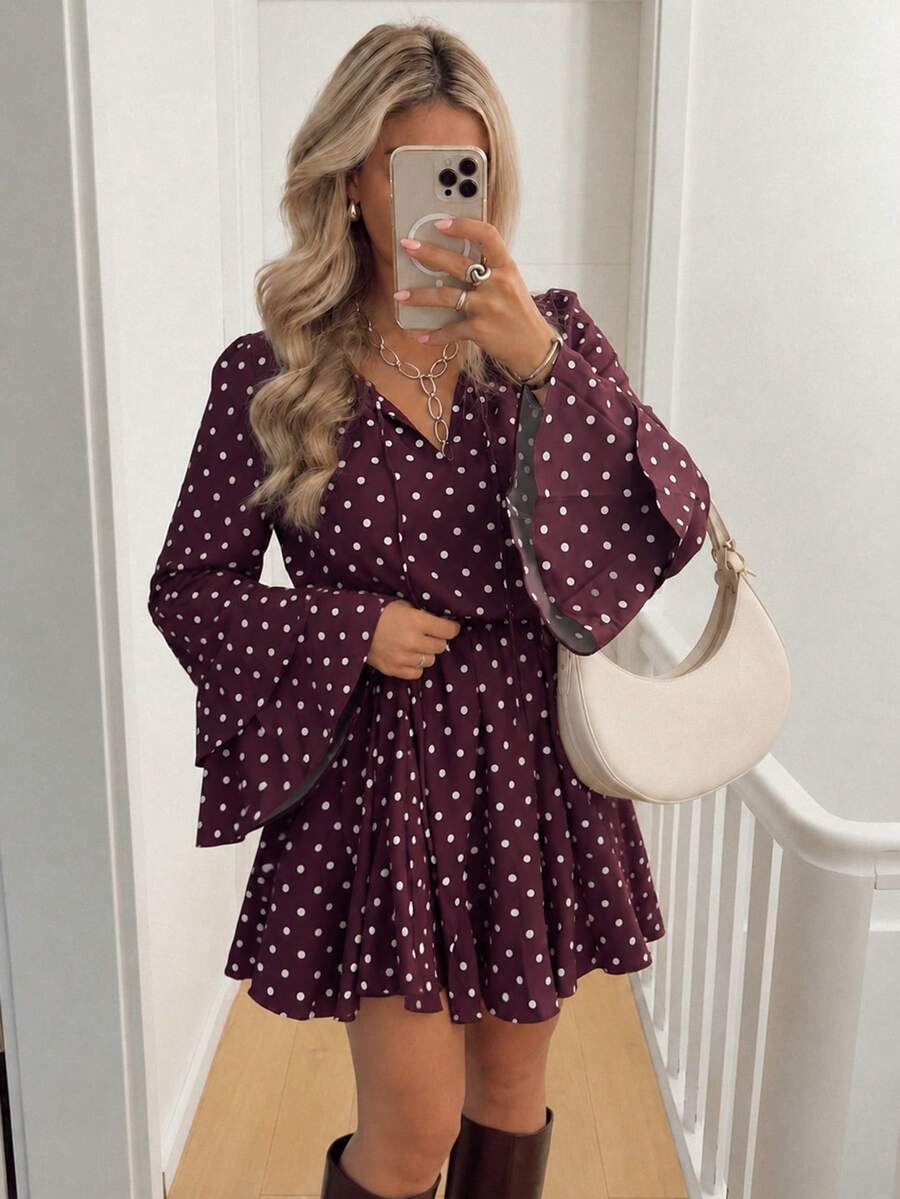 All-Season Polka Dot Print Front Bow Thin Strap Double Layer Flared Sleeve Elastic Waist Design Fashionable Elegant Women's Short Dress - Multicolor - View 1