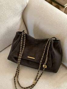 Solid Color Flap Chain Shoulder Bag, Fashionable Soft Crossbody Bag, Suitable For Girls, Women, - Coffee - View 7