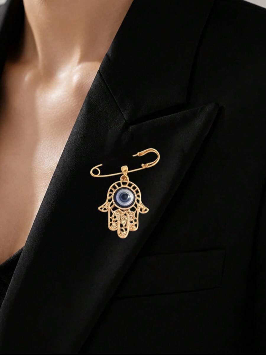 Brooch bàn tay Hamsa họa tiết rỗng phong cách sang trọng nhẹ nhàng, mắt quỷ giả hình lòng bàn tay, phụ kiện cá tính độc đáo cho dân công sở