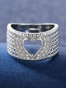 1Pc Women's Silver Wide Band Ring, Hollow Heart Design Full Paved Zirconia, Daily Statement Jewelry Gift. No Box.. - Silver - View 5
