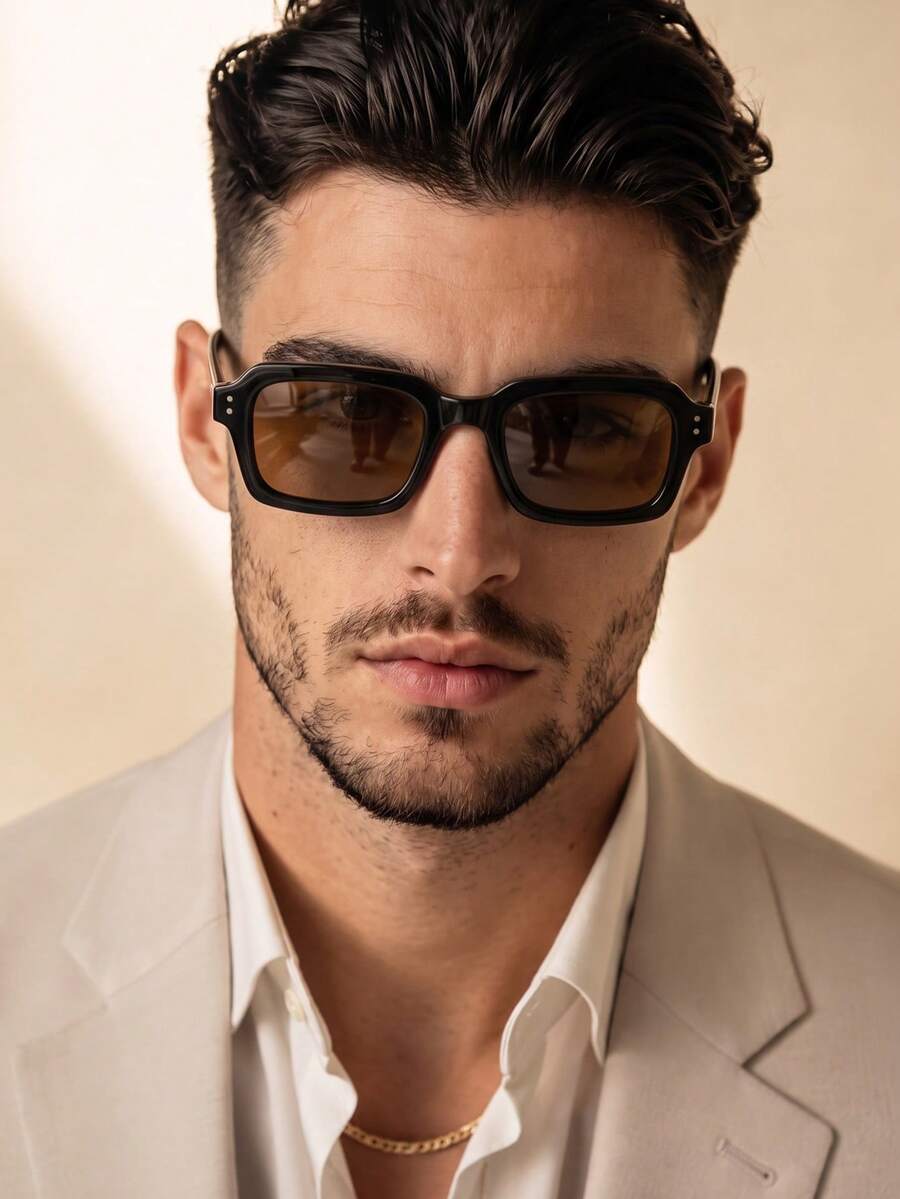 1 Pair Men's Black Square Minimalist Solid Color Rivet Decor Casual Street Style Fashion Glasses - Black - View 1