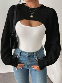 Plus Size Women's Cropped Asymmetrical Hem Solid Color Ribbed Knit Pullover Sweater - Black - View 1