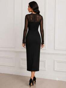 Women's Long-Sleeved, Crew Neck, Tulle, Embellished Midi Crepe Dress , 37340 - Black - View 6