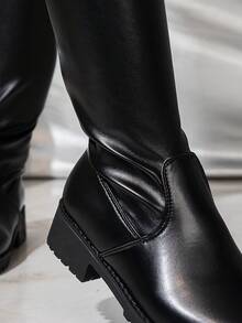Women's Solid Color PU Round Toe Chunky Low Heel Knee-High Riding Boots, Casual Tall Boots For Autumn/Winter - Black - View 6