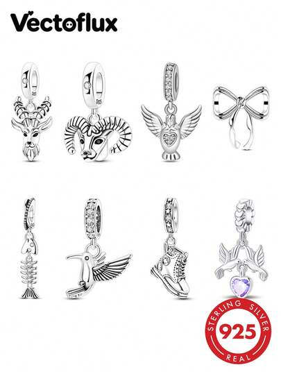Vectoflux 1 pièce pendentif charm en argent sterling S925 en forme de nœud, colibri, colombe de la paix, antilope, corne de bélier, botte, arête de poisson, convient pour bracelet original, collier, porte-clés, fabrication de pendentif DIY, cadeau pour femme, convient pour anniversaire, fête, cadeau de vacances