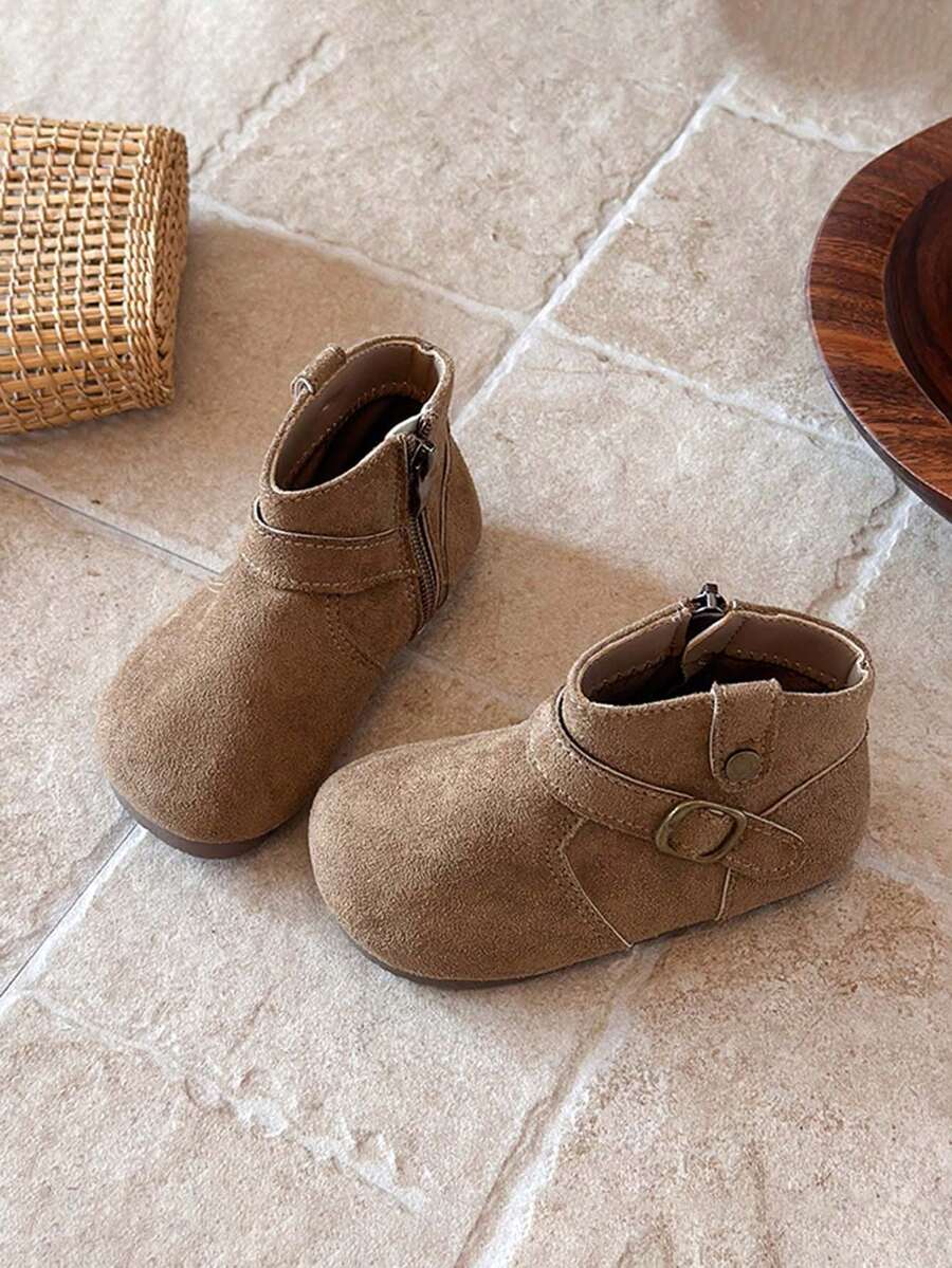 Children's Suede Ankle Boots With Side Zipper And Metal Buckle Decor, Versatile Casual Kids Shoes For Autumn/Winter - Khaki - View 1