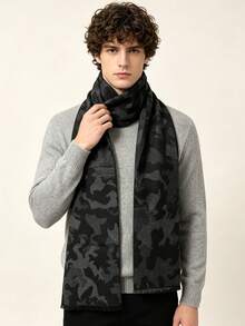 1 chiếc khăn quàng cổ giả cashmere cao cấp họa tiết jacquard rằn ri giữ ấm, thời trang nam mới thu/đông, phong cách đa năng, phù hợp phối đồ và trang trí - màu xám đen - Xem 2