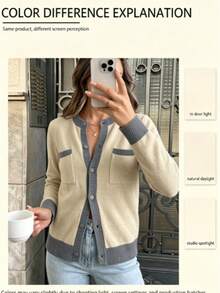 Cardigan Rajut Blok Warna Ukuran Besar, Sweater Lengan Panjang Kerah Bulat dengan Kancing Depan, Dilengkapi Saku, Pakaian Luar Kasual Musim Gugur/Dingin - Unta - View 9
