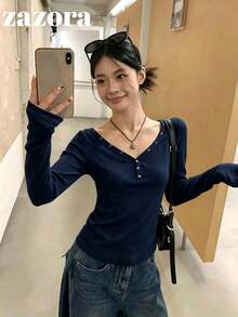 鉚釘黑色V領長袖女款性感修身打底上衣，可當外套穿著 - 藏青色 - 查看 4