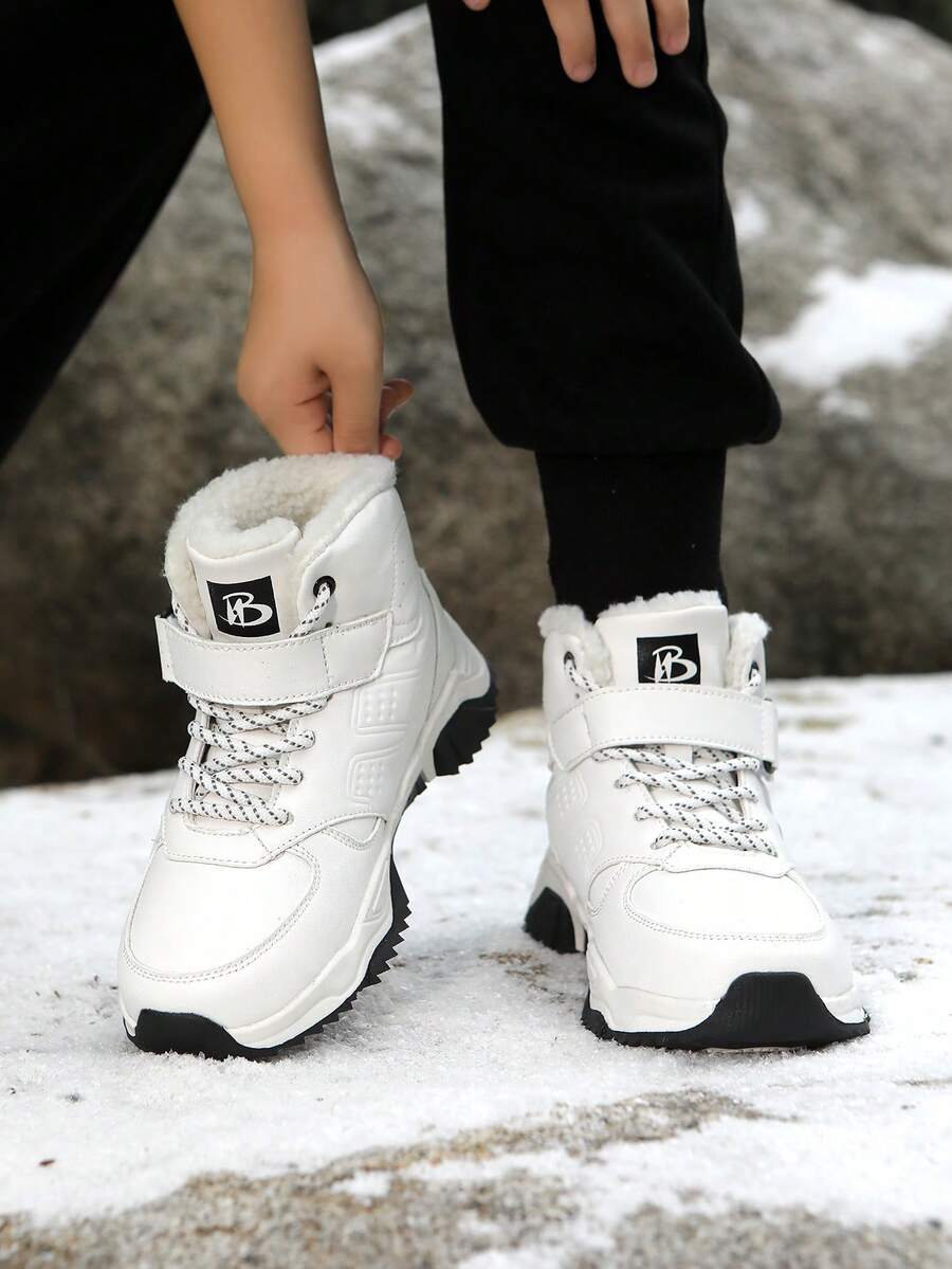 Kids Warm Fleece Lined Snow Boots, Non Slip High Top Outdoor Winter Boots With Magic Strap - White - View 1