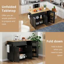 132.5*44(70)*90cm Kitchen Island On Wheels, Rolling Storage Trolley With Foldable Tabletop, Multifunctional Cabinet, Spice Rack, Towel Holder, 5 Wheels, Suitable Kitchen/Dining/House - Black+Natural + MDF - View 3