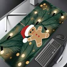 1pc Cute Gingerbread Man Large Mouse Pad, Christmas Holiday Extended Desk Mat, Dark Green Pine Branch & String Lights Gingerbread Man Keyboard Pad, Stitched Edge Soft Fabric Surface With Non-Slip Rubber Base, Laptop Desk Mat, Suitable For Home Office, Gaming, Holiday Gift - View 3