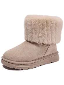 1 Pair Vintage Girls' Snow Boots, Faux Fur Trim, Winter Thermal Lined Ankle Boots - Light Grey - View 6