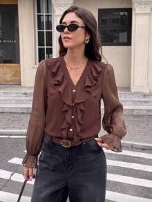 Blus Lengan Panjang Berkerut Elegan Gaya Prancis, Potongan Longgar, Atasan Serbaguna dan Elegan untuk Musim Gugur - Coffee Brown - View 5