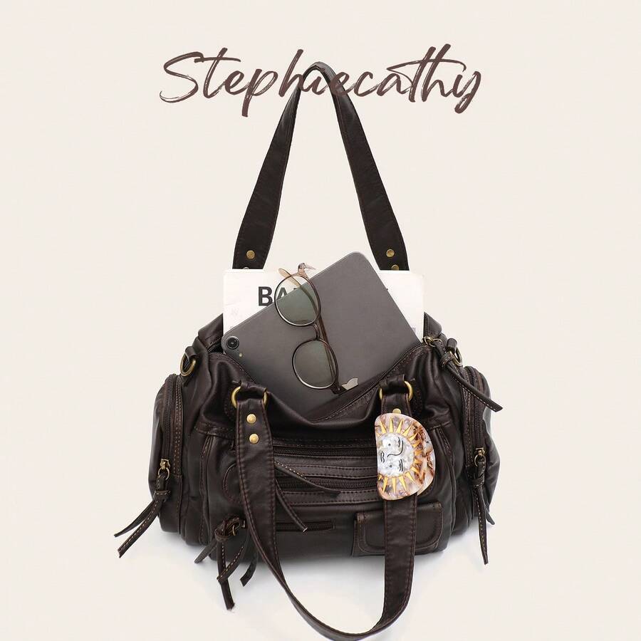 STEPHIECATHY Solid Color Washed Soft PU Faux Leather, Zipper Closure, Multi-Pocket Design, Dual Short Shoulder Straps, Adjustable Waist Belt, Women's Shoulder Crossbody Bag, Small Size, Unisex, Retro Casual Practical, Suitable For College Daily Commute - Coffee - View 1