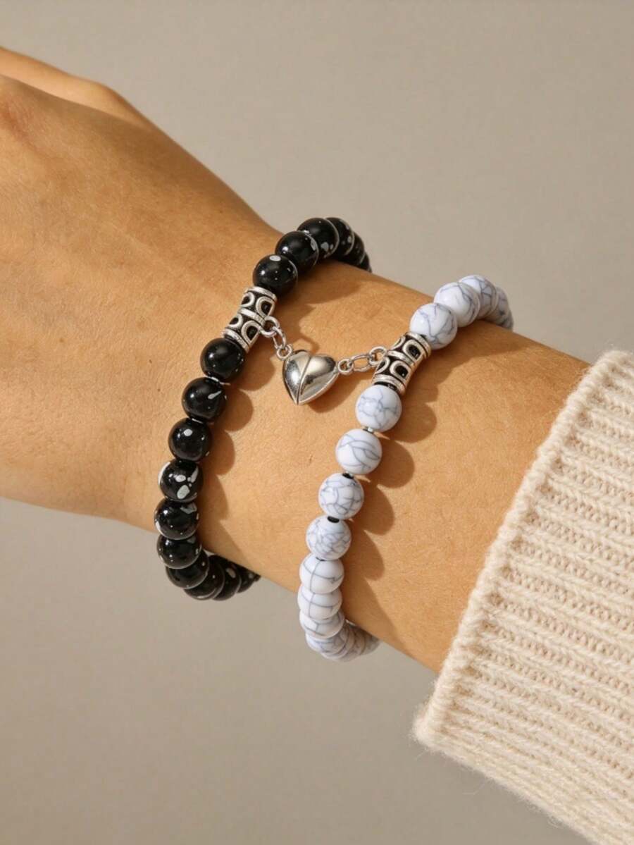 2pcs Couple Magnetic Heart Beaded Bracelet Set, Fashion Simple Friendship Bracelets For Men Women, Valentine Lover Gift Jewelry - Multicolor - View 1