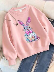 Tween Girls Crew Neck Sweatshirt, Cute Bunny With Bow Print Loose Pullover Spring Autumn - Pink - View 1
