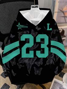 1pc Tween Boys Black Butterfly #23 Sweatshirt, Mint Green Contrast Color American Basketball Style Loose Pullover Sweatshirt, Spring/Autumn - Black - View 1