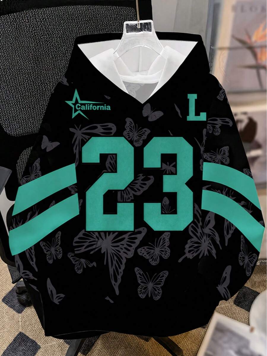 1pc Tween Boys Black Butterfly #23 Sweatshirt, Mint Green Contrast Color American Basketball Style Loose Pullover Sweatshirt, Spring/Autumn - Black - View 1