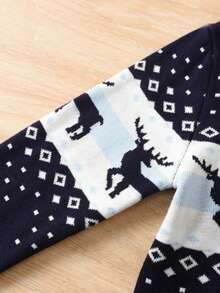 Young Boy Crew Neck Geometric Jacquard Pattern Christmas Reindeer Pullover Sweater - Navy Blue - View 6