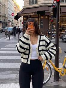 Women's Striped Chunky Knit Cardigan, V-Neck Button-Up Loose Fit Oversized Sweater, Casual French Style Autumn Outerwear - Black and White - View 6