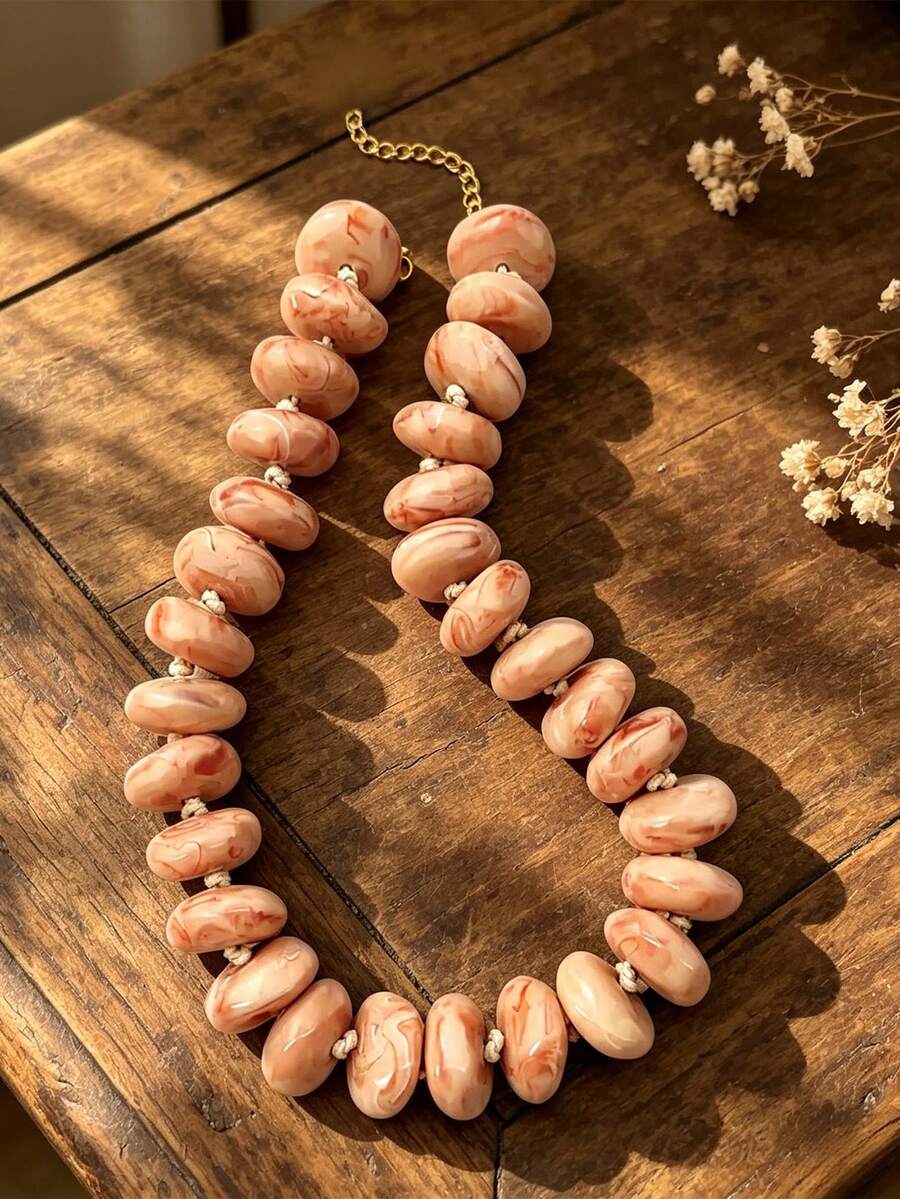 Heavy Resin Statement Necklace For Women, Colorful Beaded Necklace, Oversized Necklace, Coastal Bohemian Surfer Beach Necklace - Chunky Pink and White Necklace - View 1