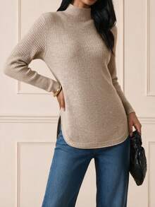 SEREN Fashion Sweater Rajut Bergaris Leher Tinggi Wanita, Atasan Rajut Lengan Panjang yang Nyaman, Cocok untuk Musim Gugur/Musim Dingin - Khaki Bunga - View 3